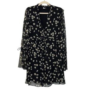 The Kooples Printed Silk Bell Sleeve Short Dress Black White Daisy Floral FR 1
